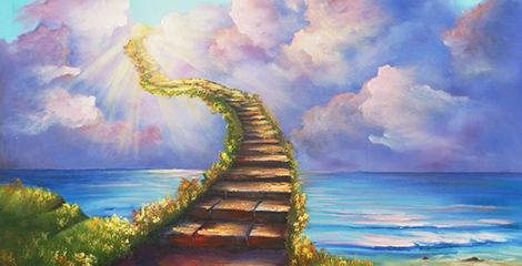 Imagem de uma escada para o céu a passar por cima de agua e com flores à volta.